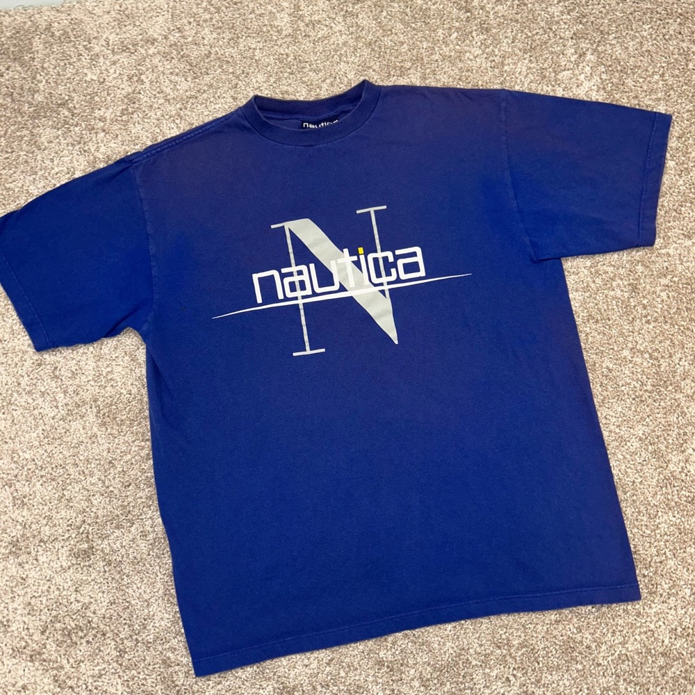 Vintage Nautica Tshirt Men Size Medium Blue Logo Sailboat Made In USA Cotton 90s